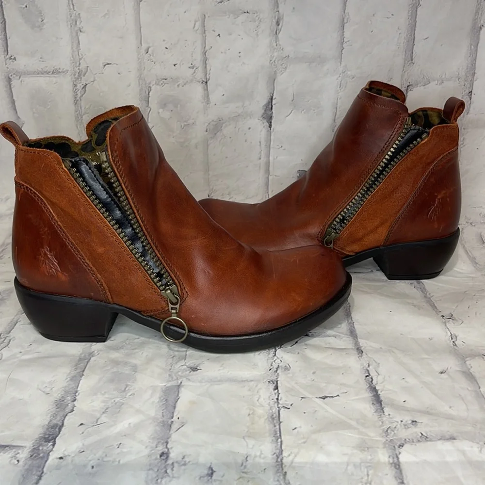 Fly London Meli Ankle Boots Brown Leather and Suede Upper with Ring Zipper Pull